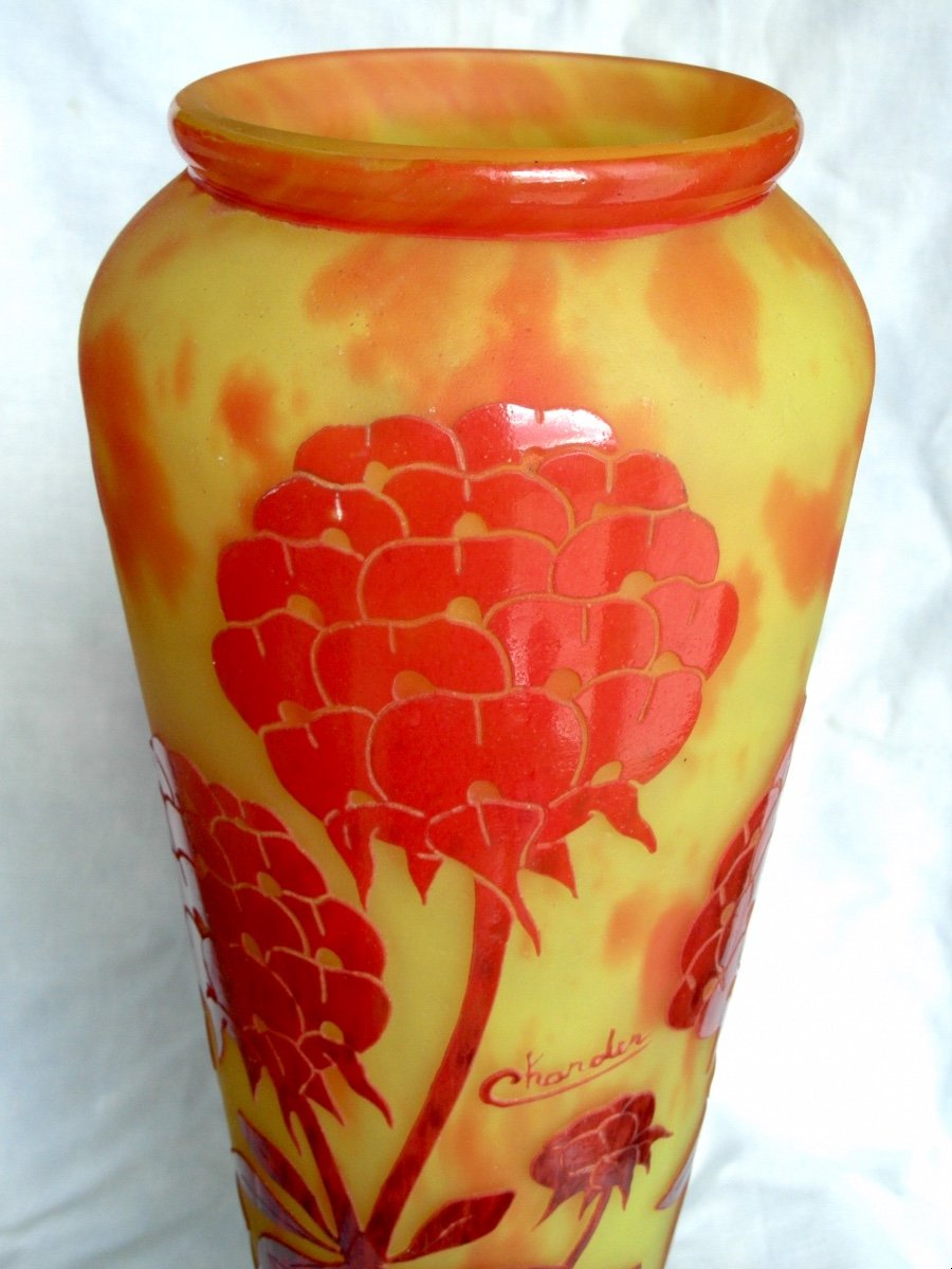 Pretty Large Vase With Peonies French Charder Glass, 38.5 Cm, Era Daum Galle 1920-photo-3