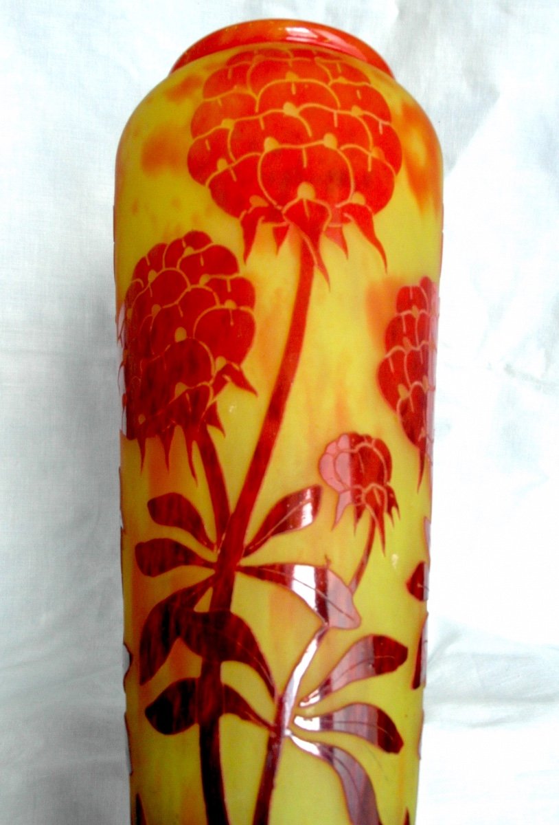 Pretty Large Vase With Peonies French Charder Glass, 38.5 Cm, Era Daum Galle 1920-photo-4