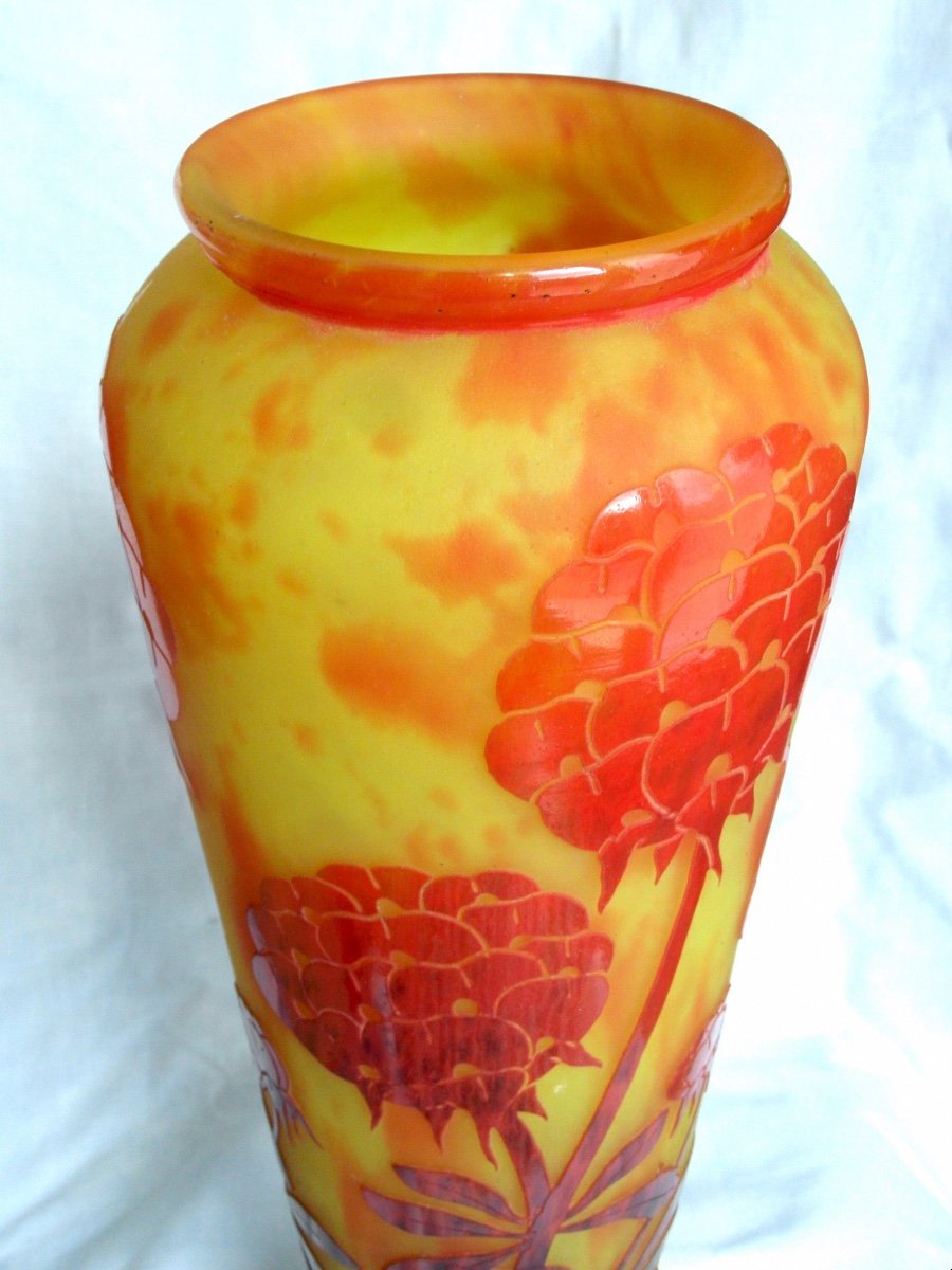 Pretty Large Vase With Peonies French Charder Glass, 38.5 Cm, Era Daum Galle 1920-photo-2