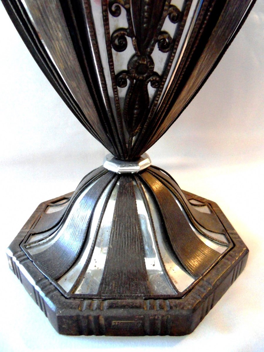 Exceptionnel Grand Vase Coupe Art-deco En Fer Forgé Par F. Bauquin, Era Brandt Kiss Daum 1920-photo-4