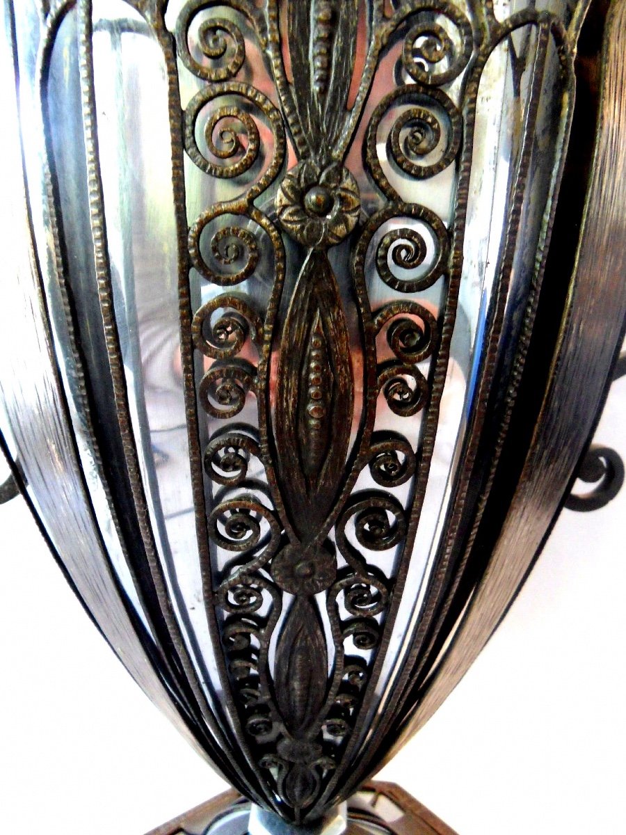 Exceptionnel Grand Vase Coupe Art-deco En Fer Forgé Par F. Bauquin, Era Brandt Kiss Daum 1920-photo-6