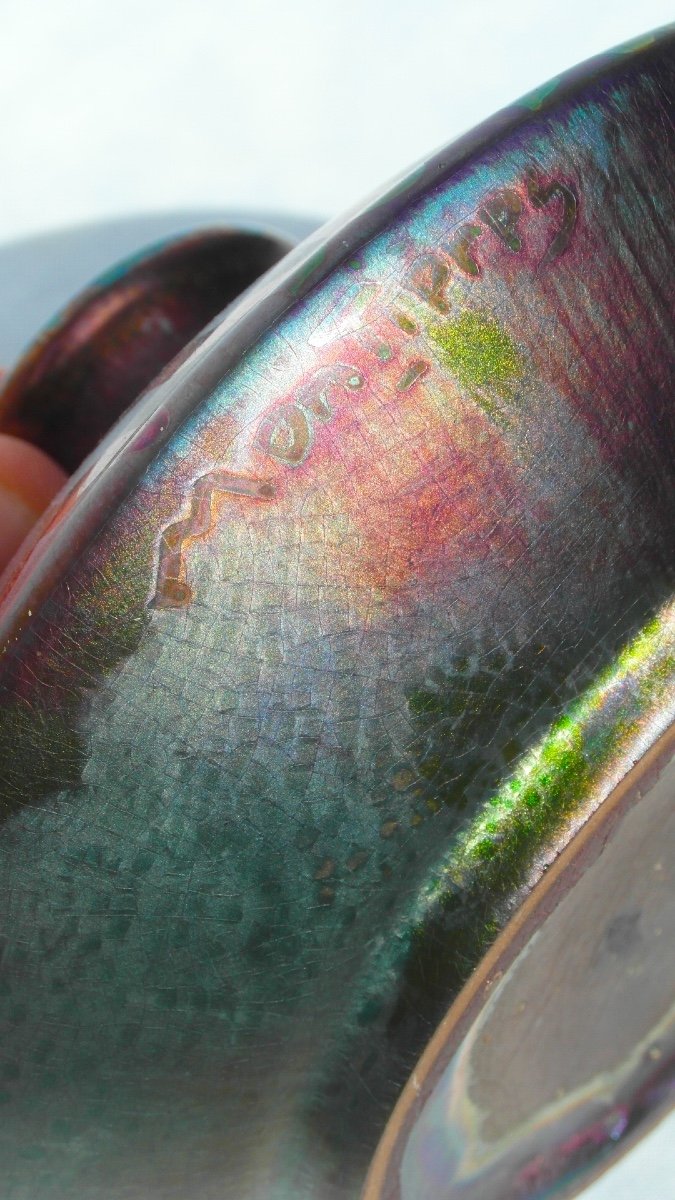 Jolie Et Rare Vase Toupie Montières à Décor De Chevrons Irisés, Era Massier Barol Art-deco-photo-8