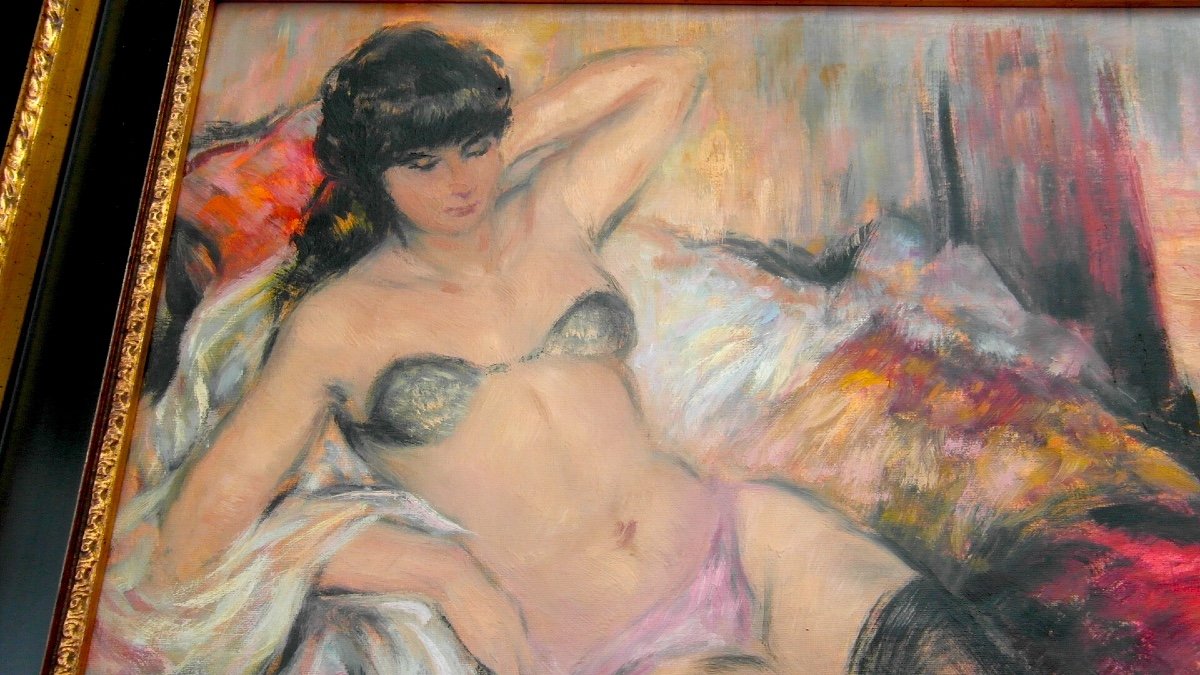 Huile Sur Toile "jeune Fille Aux Bas Noirs" Par Pierre Duteurtre, Era Domergue 1950-1960-photo-2