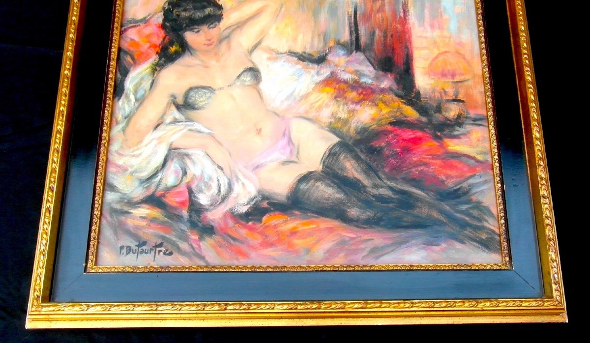 Huile Sur Toile "jeune Fille Aux Bas Noirs" Par Pierre Duteurtre, Era Domergue 1950-1960-photo-4