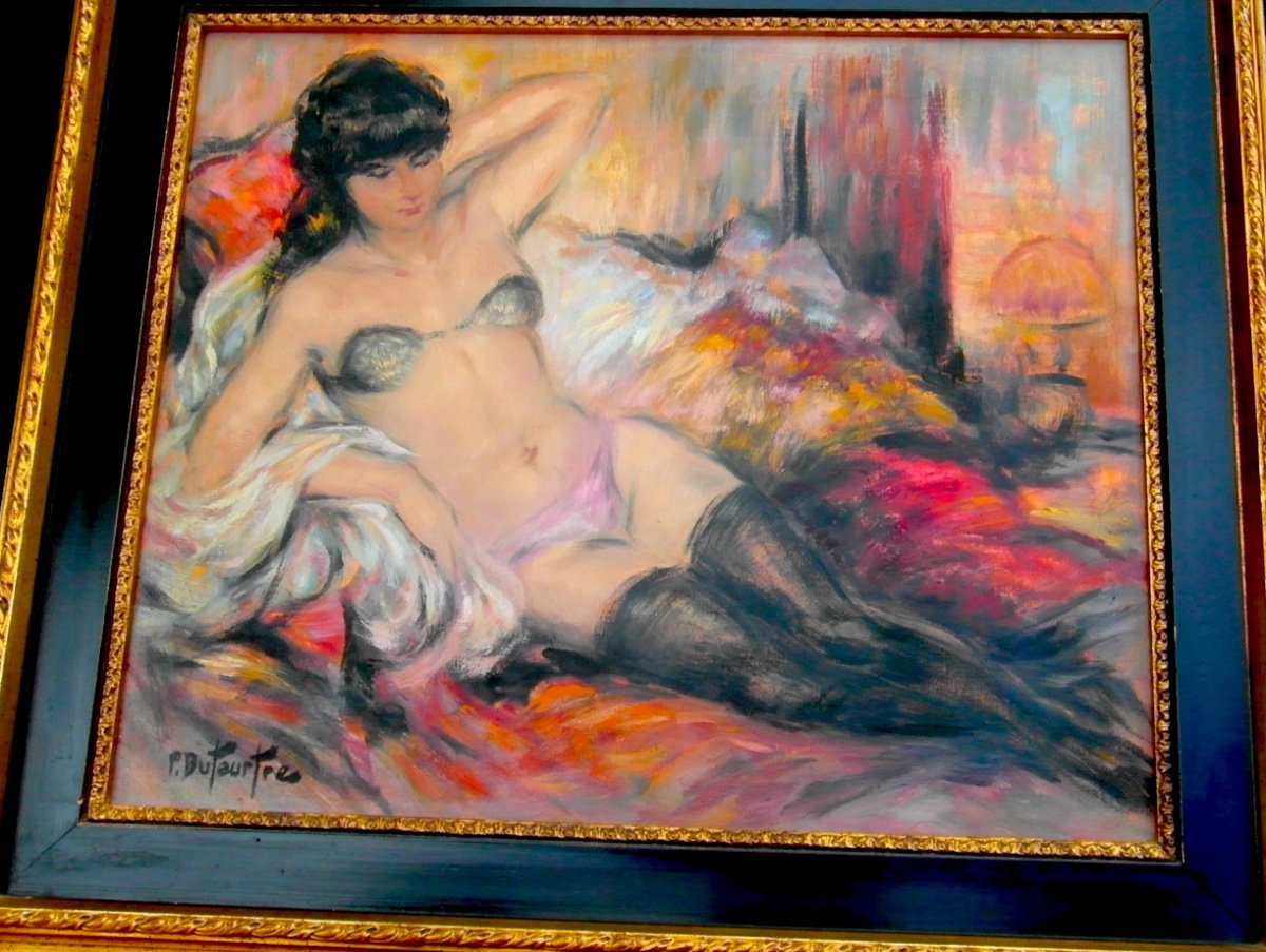Huile Sur Toile "jeune Fille Aux Bas Noirs" Par Pierre Duteurtre, Era Domergue 1950-1960