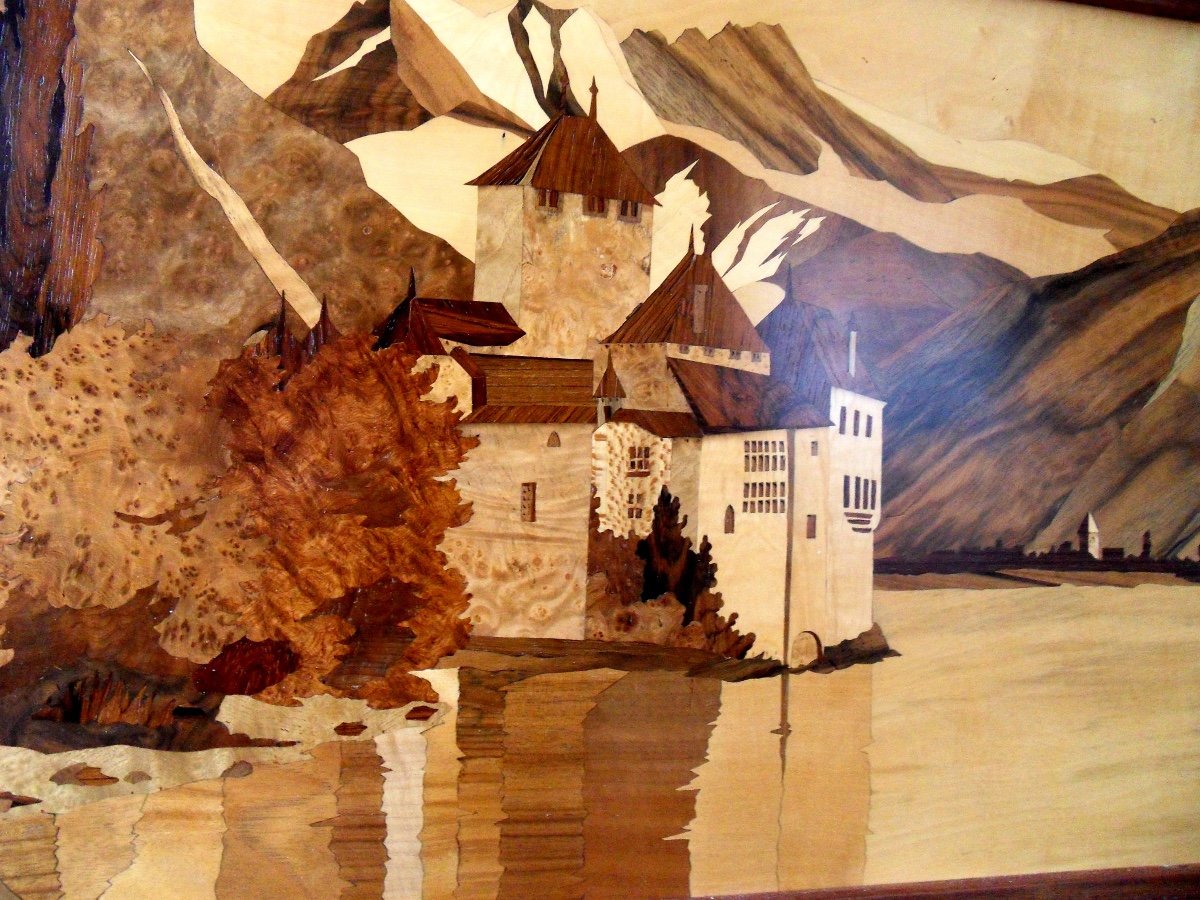 Pretty Large Painting In Marquetry "castle Of Chillon" By Guy, Student Of Galle, Spindler Era-photo-1