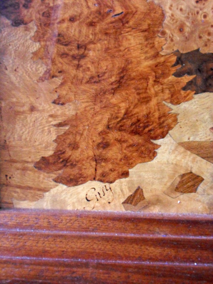 Pretty Large Painting In Marquetry "castle Of Chillon" By Guy, Student Of Galle, Spindler Era-photo-2