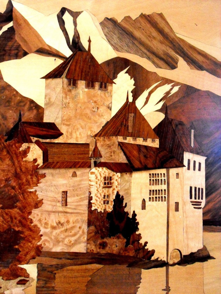 Pretty Large Painting In Marquetry "castle Of Chillon" By Guy, Student Of Galle, Spindler Era-photo-3