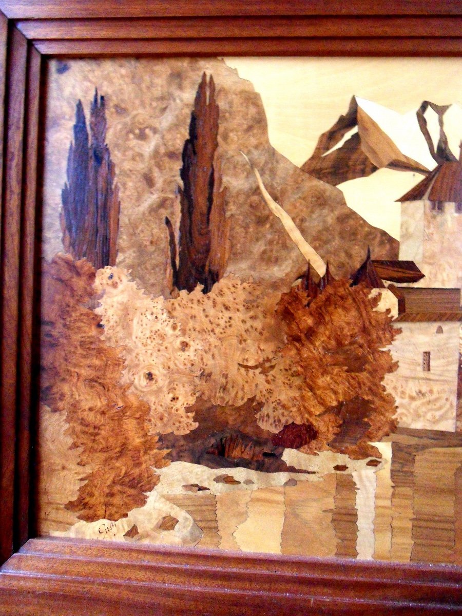 Pretty Large Painting In Marquetry "castle Of Chillon" By Guy, Student Of Galle, Spindler Era-photo-5
