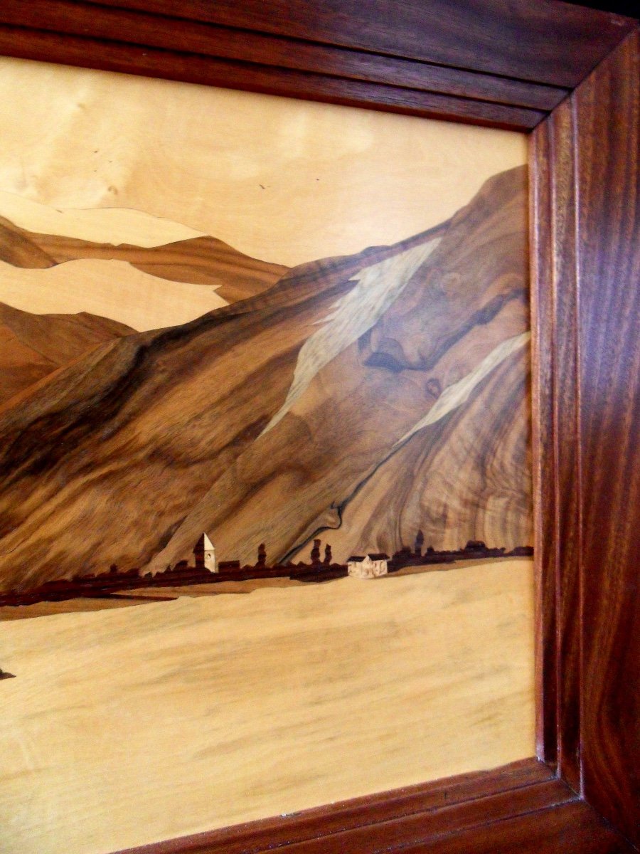 Pretty Large Painting In Marquetry "castle Of Chillon" By Guy, Student Of Galle, Spindler Era-photo-6