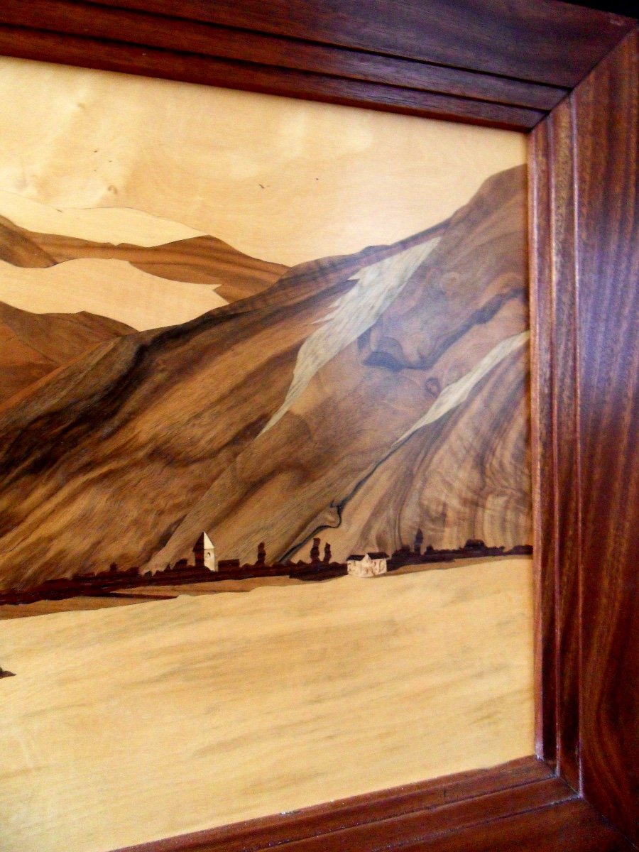 Pretty Large Painting In Marquetry "castle Of Chillon" By Guy, Student Of Galle, Spindler Era-photo-6
