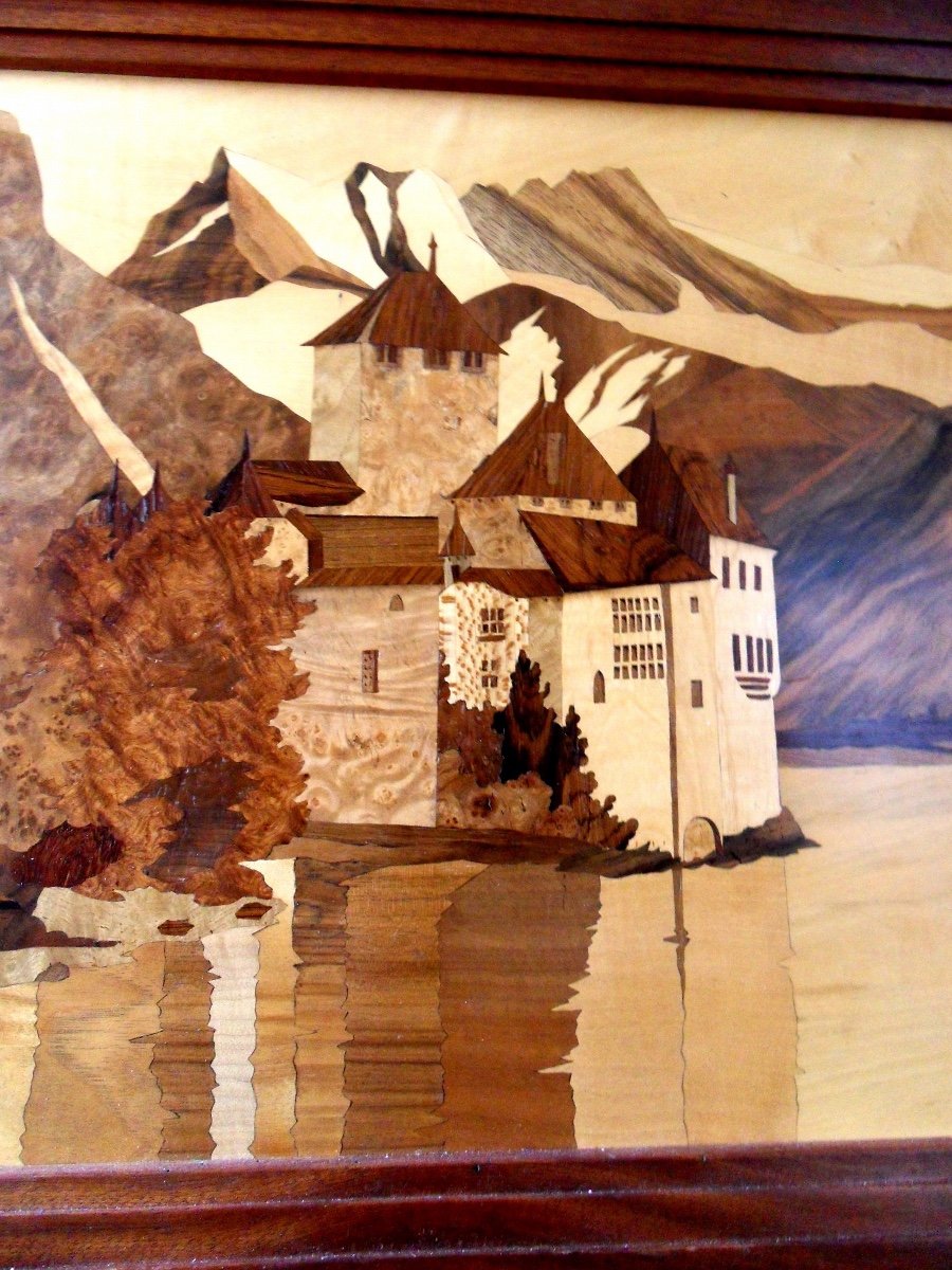 Pretty Large Painting In Marquetry "castle Of Chillon" By Guy, Student Of Galle, Spindler Era-photo-7