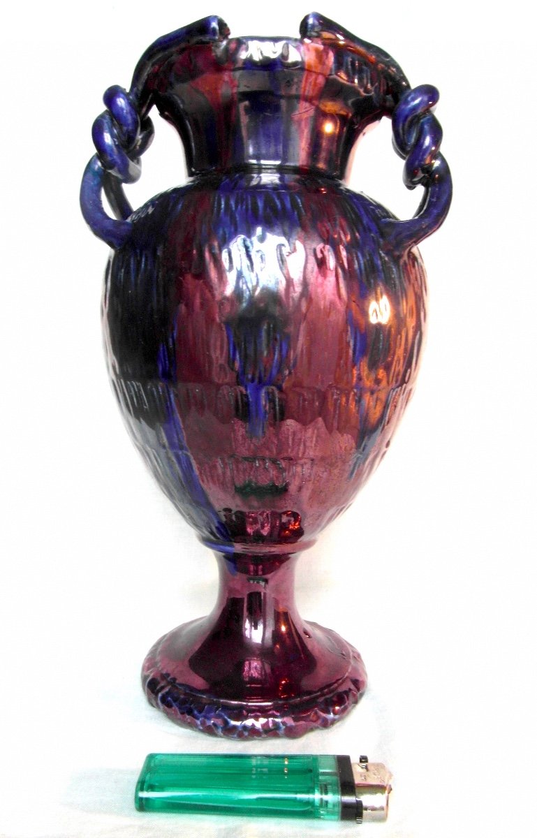 Pretty Iridescent Vase 1900 In Anses By J. Gaziello In Vallauris, Era Massier Galle-photo-1