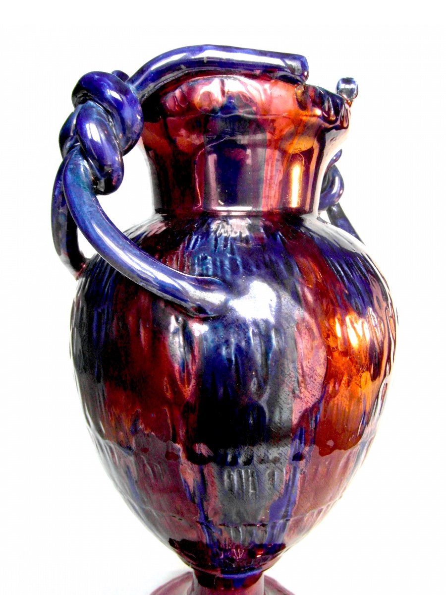 Pretty Iridescent Vase 1900 In Anses By J. Gaziello In Vallauris, Era Massier Galle-photo-3
