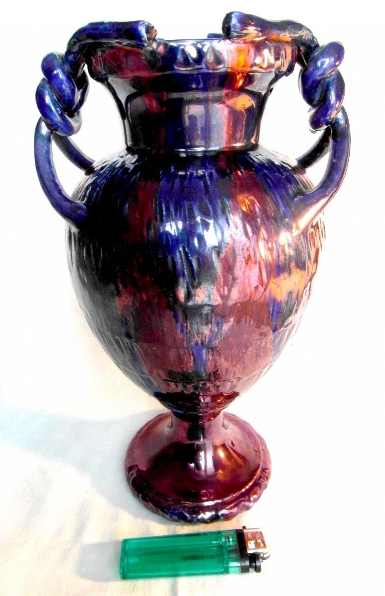 Pretty Iridescent Vase 1900 In Anses By J. Gaziello In Vallauris, Era Massier Galle-photo-4