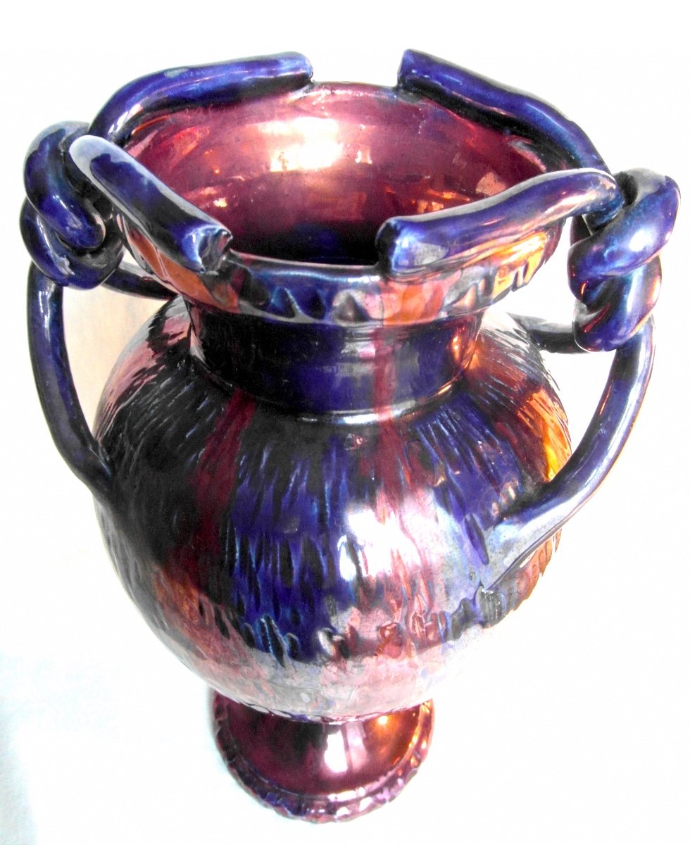Pretty Iridescent Vase 1900 In Anses By J. Gaziello In Vallauris, Era Massier Galle-photo-7