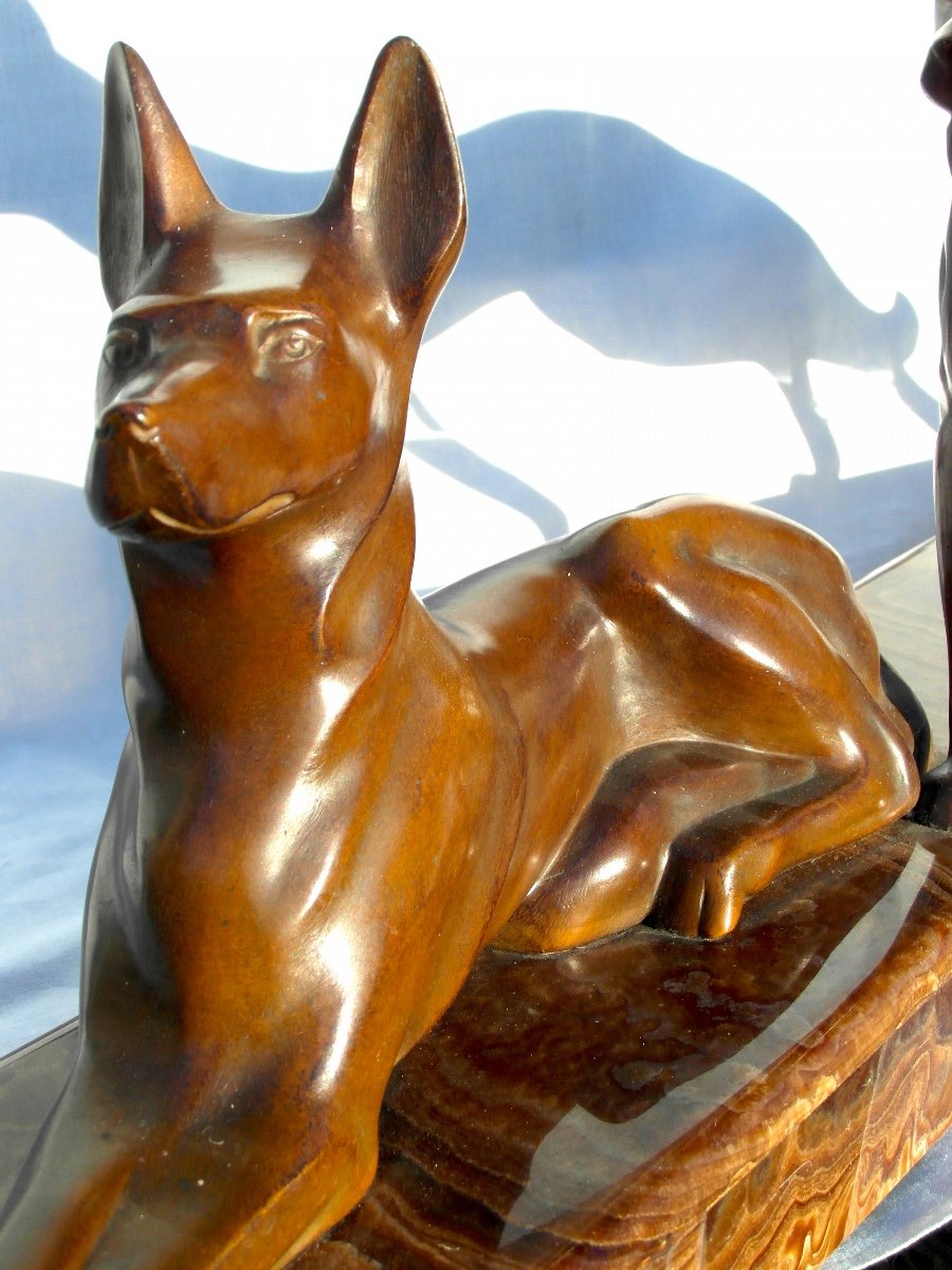 Ensemble Art-déco En Bronze "chiens Aux Aguets" Par Michel Decoux, 60 Cm, Era Jouve Bugatti-photo-2