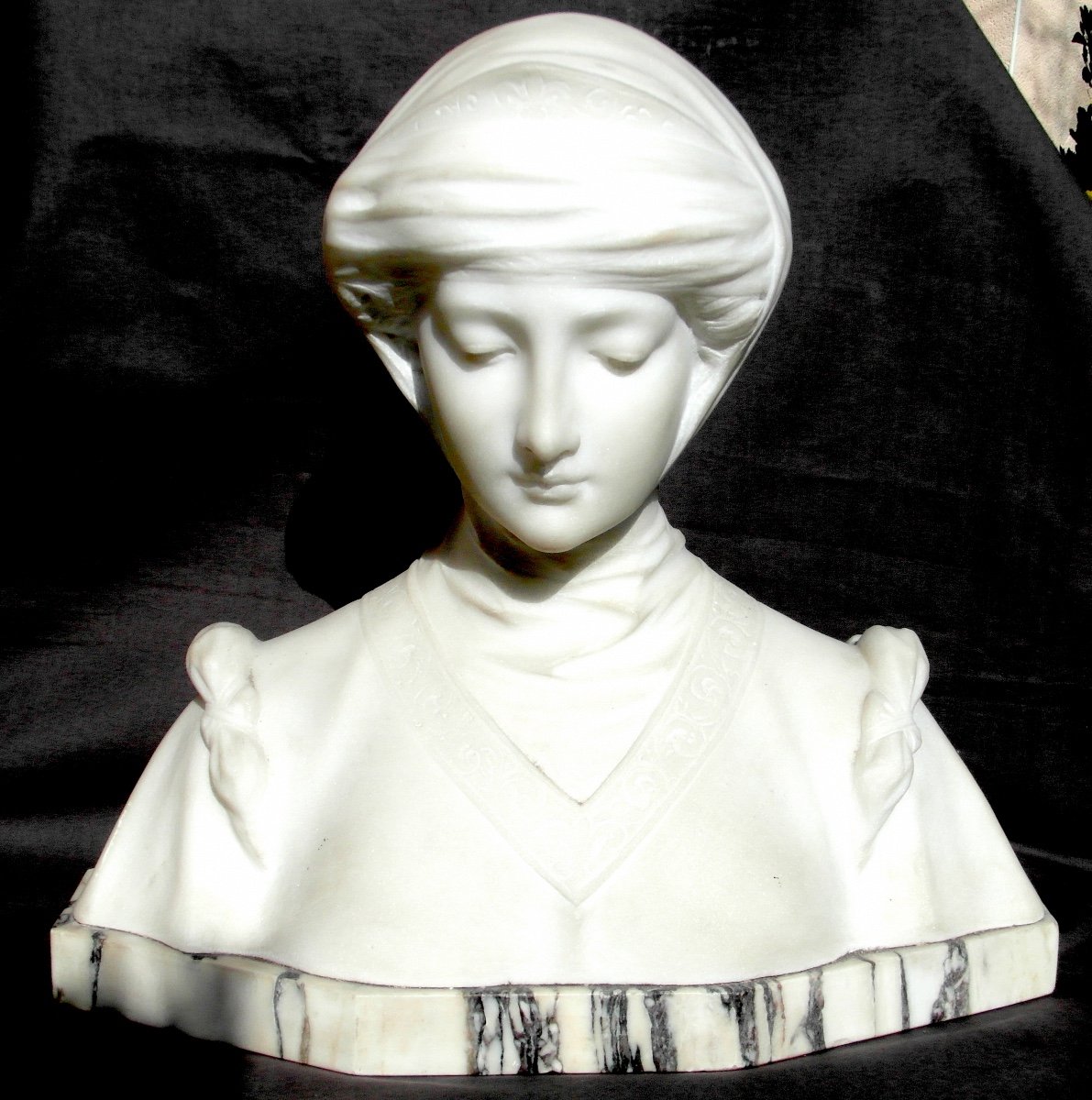 Beautiful Large Bust 1900 In Marble And Alabaster "wrapped Woman" By Pugi, 24 Kilos, Art Nouveau-photo-2