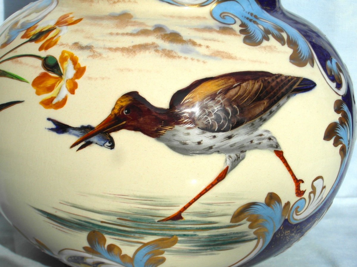 Beautiful Large Vase Or Planter By Keller And Guerin In Luneville "la Pêche", Era Galle 1900