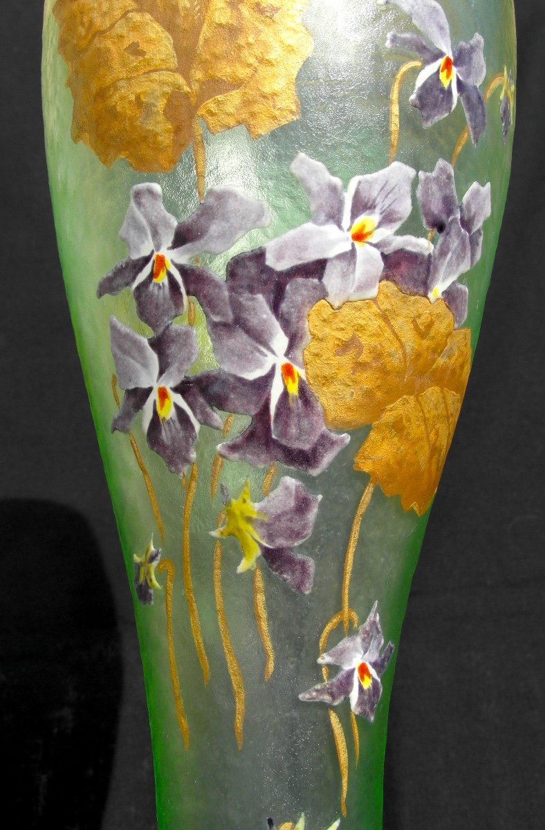 Joli Vase 1900 Aux Violettes Sur Fond Urane Par Montjoye, Era Daum Galle Legras-photo-3