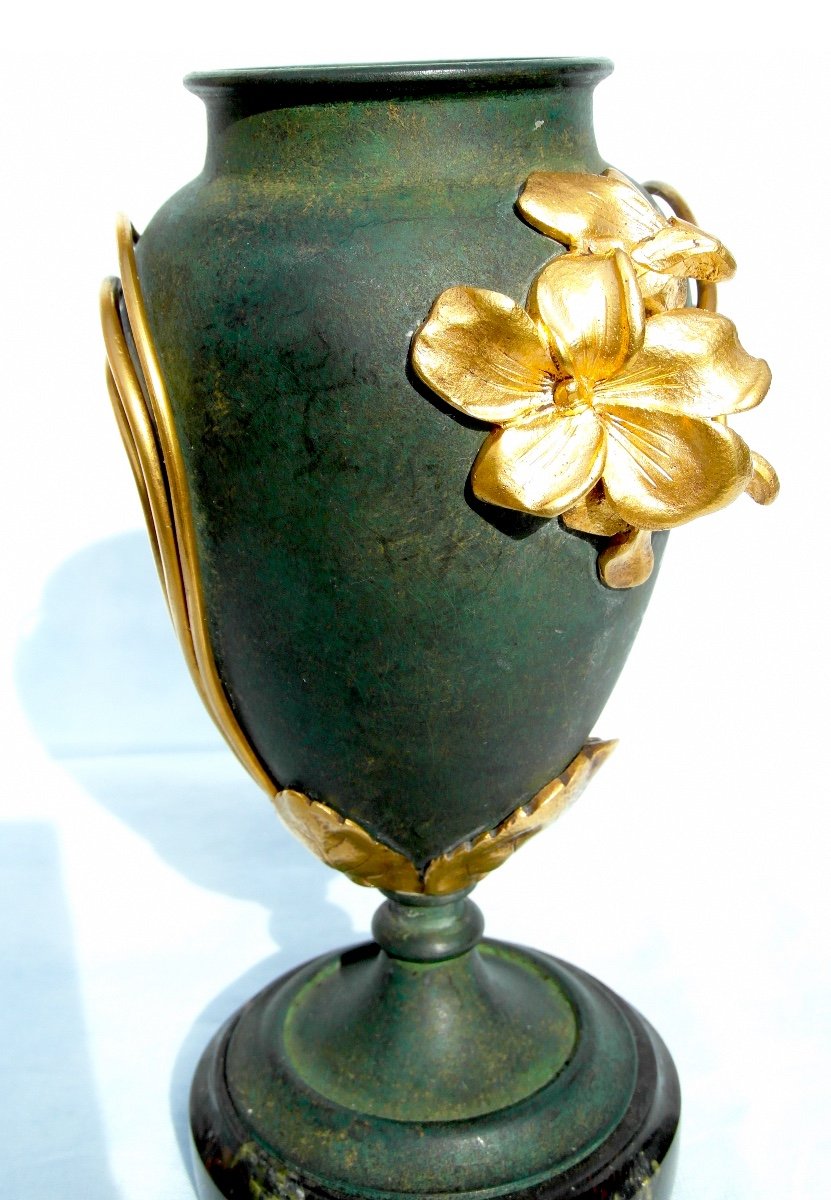 Charmant Vase Art-nouveau En Bronze 2 Patines "myosotis" Par Armand Truffier, Era 1900 Daum-photo-2