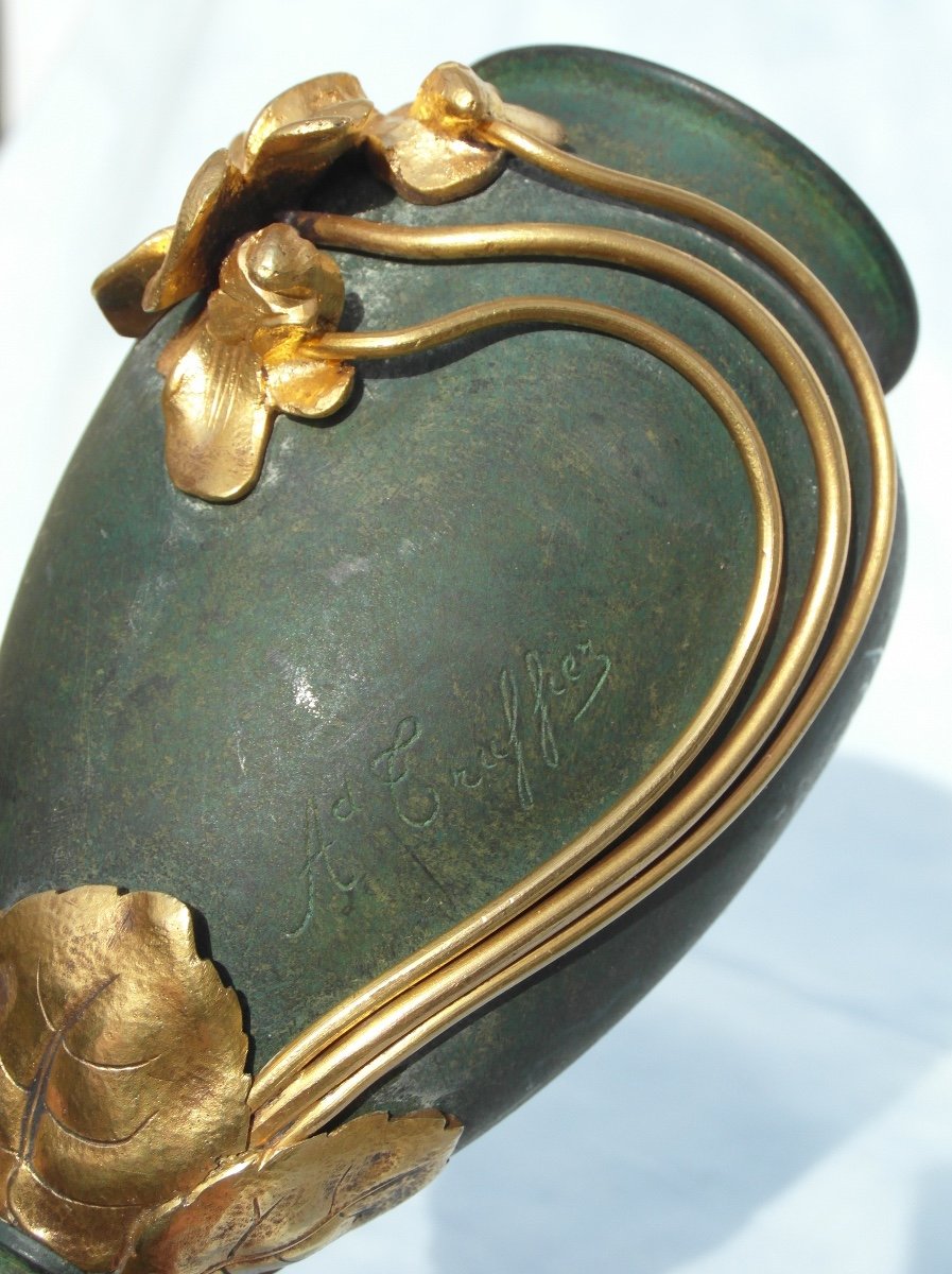 Charmant Vase Art-nouveau En Bronze 2 Patines "myosotis" Par Armand Truffier, Era 1900 Daum-photo-4