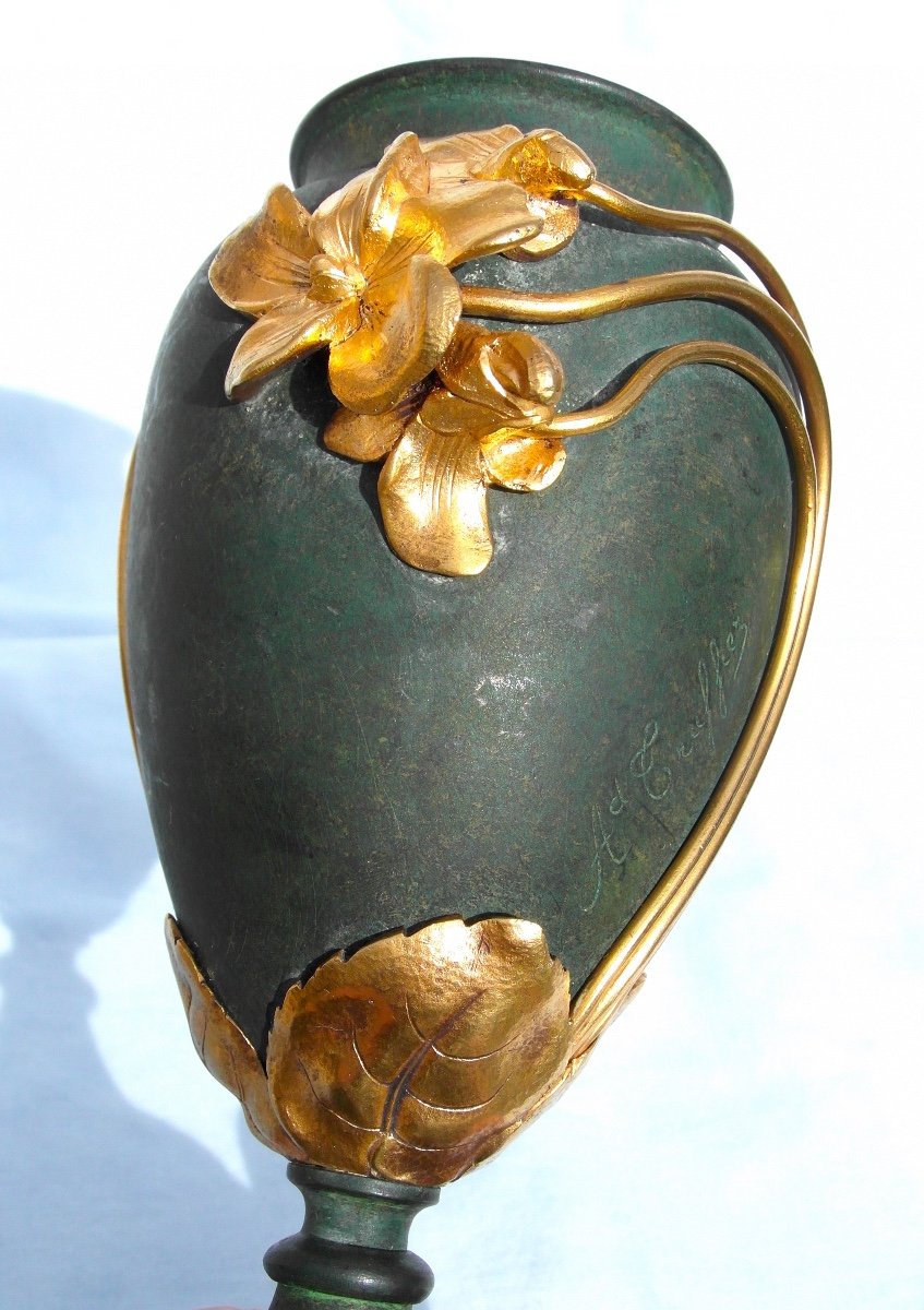 Charmant Vase Art-nouveau En Bronze 2 Patines "myosotis" Par Armand Truffier, Era 1900 Daum-photo-3