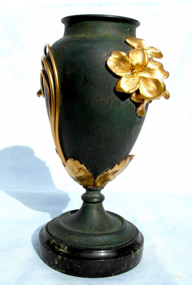 Charmant Vase Art-nouveau En Bronze 2 Patines "myosotis" Par Armand Truffier, Era 1900 Daum-photo-1