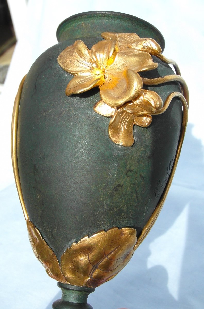Charmant Vase Art-nouveau En Bronze 2 Patines "myosotis" Par Armand Truffier, Era 1900 Daum-photo-2