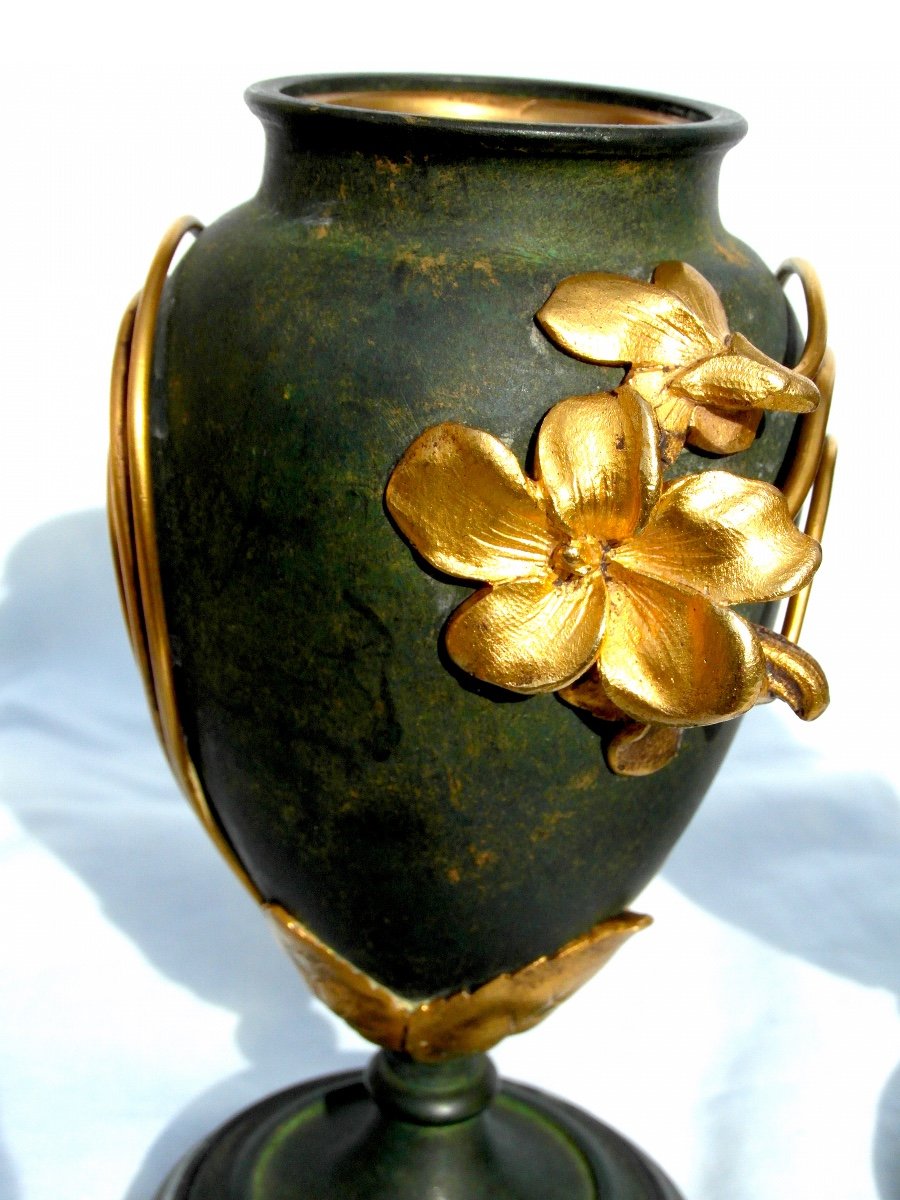 Charmant Vase Art-nouveau En Bronze 2 Patines "myosotis" Par Armand Truffier, Era 1900 Daum-photo-6