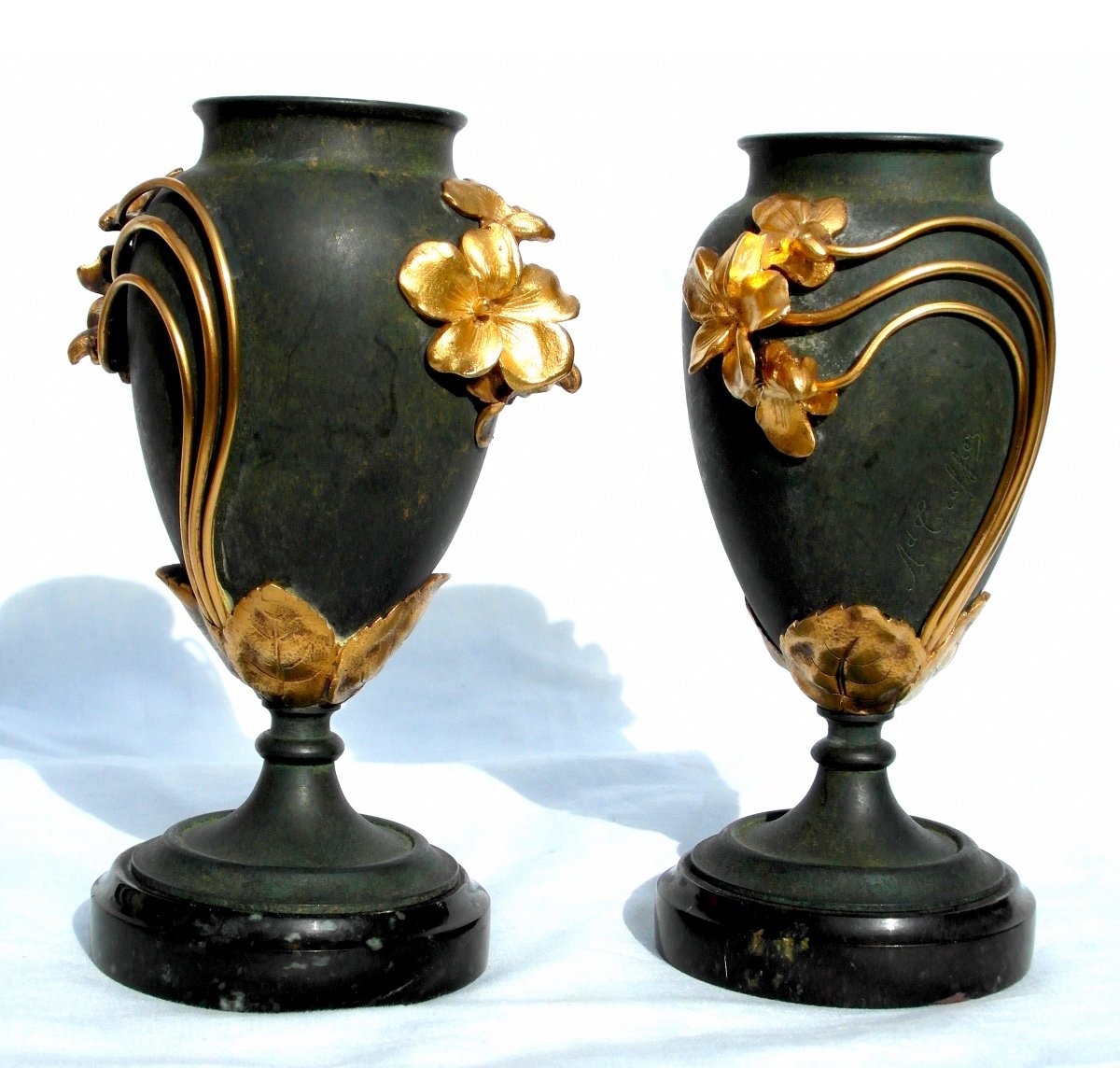 Charmant Vase Art-nouveau En Bronze 2 Patines "myosotis" Par Armand Truffier, Era 1900 Daum-photo-7