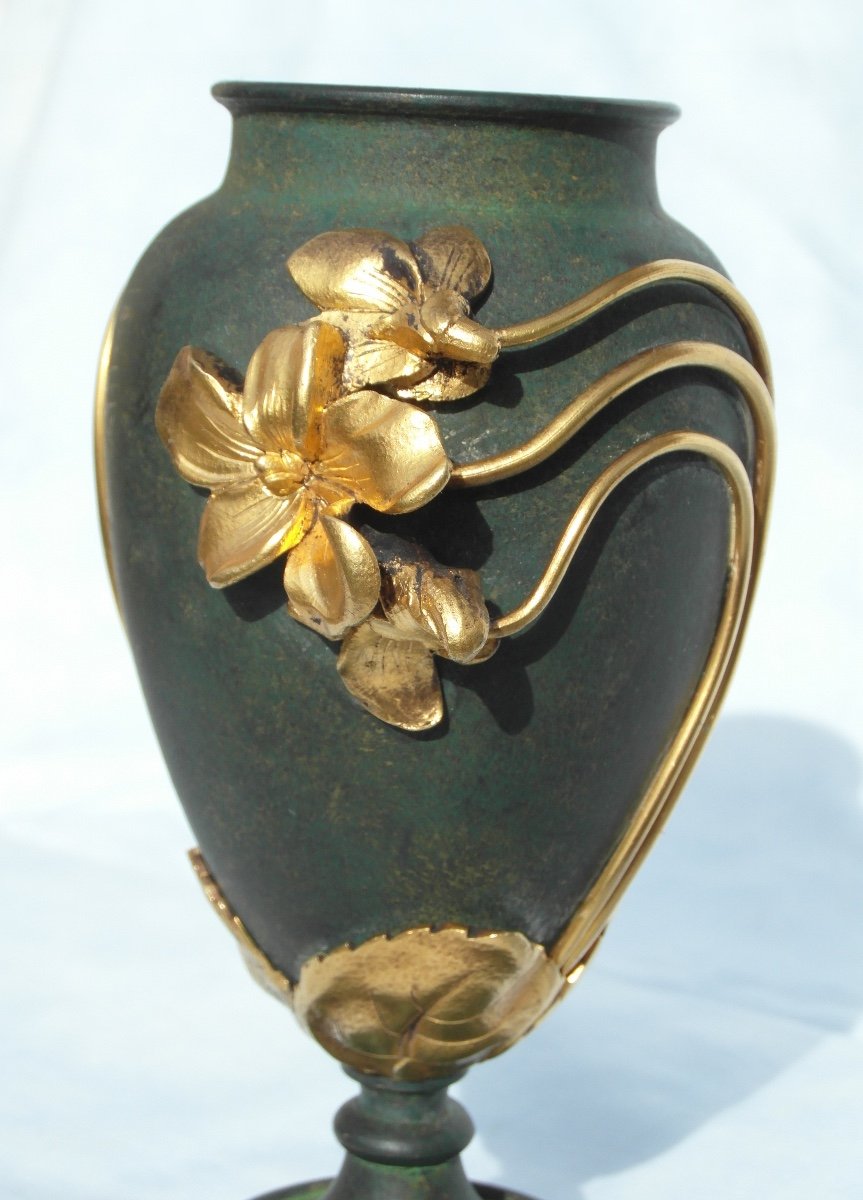 Charmant Vase Art-nouveau En Bronze 2 Patines "myosotis" Par Armand Truffier, Era 1900 Daum