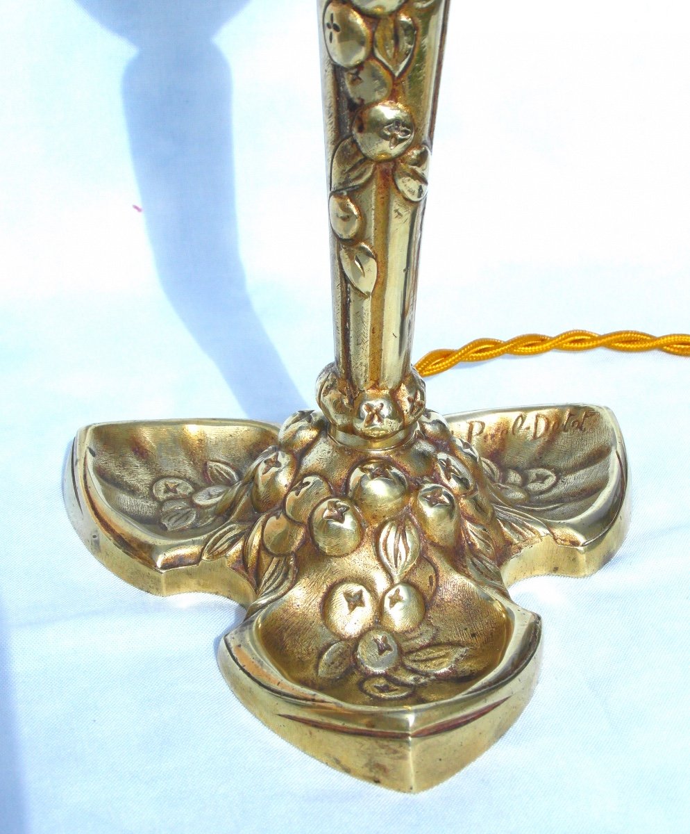 Beautiful 1900 Lamp With Bronze Base By M.puel Detot And Daum Tulip In 5 Colors, Era Galle-photo-2