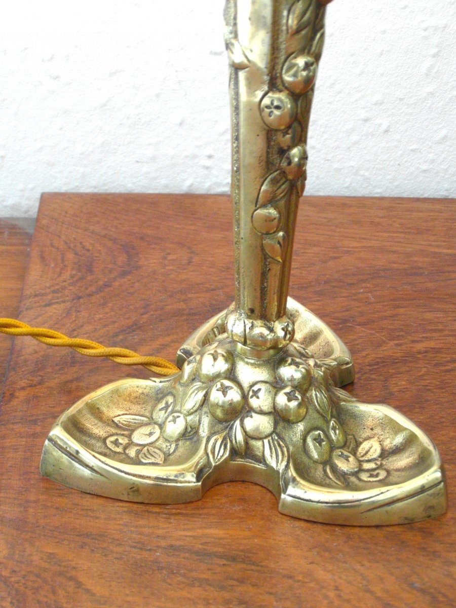 Beautiful 1900 Lamp With Bronze Base By M.puel Detot And Daum Tulip In 5 Colors, Era Galle-photo-4