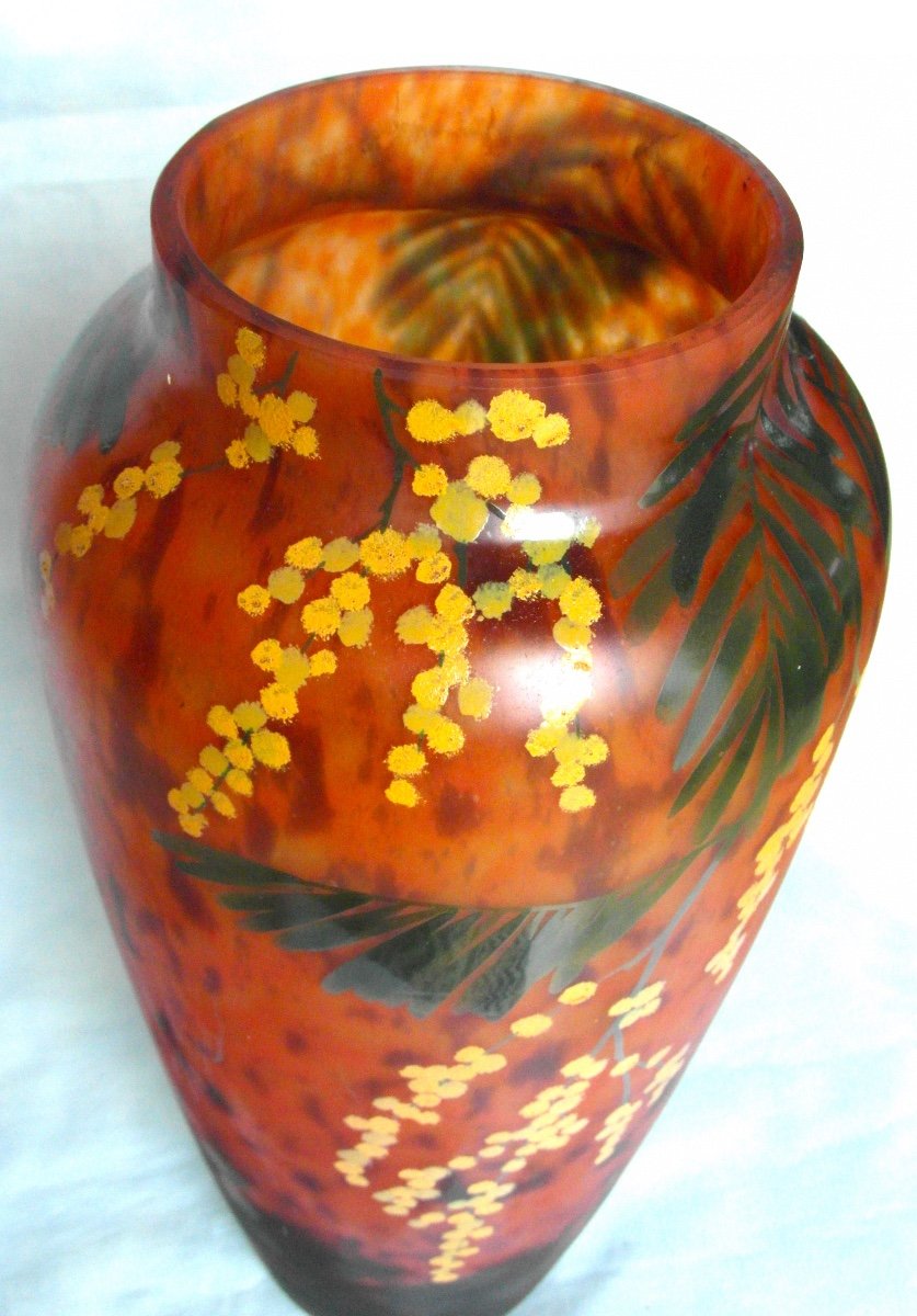 Beautiful Large Daum Vase With Mimosas, Belle Etoile Glassware, Perfect, Era Galle Art-deco Galle 1920-photo-4