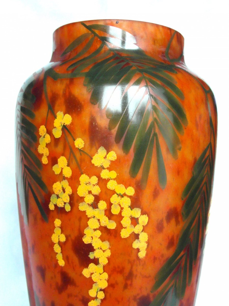 Beautiful Large Daum Vase With Mimosas, Belle Etoile Glassware, Perfect, Era Galle Art-deco Galle 1920-photo-3