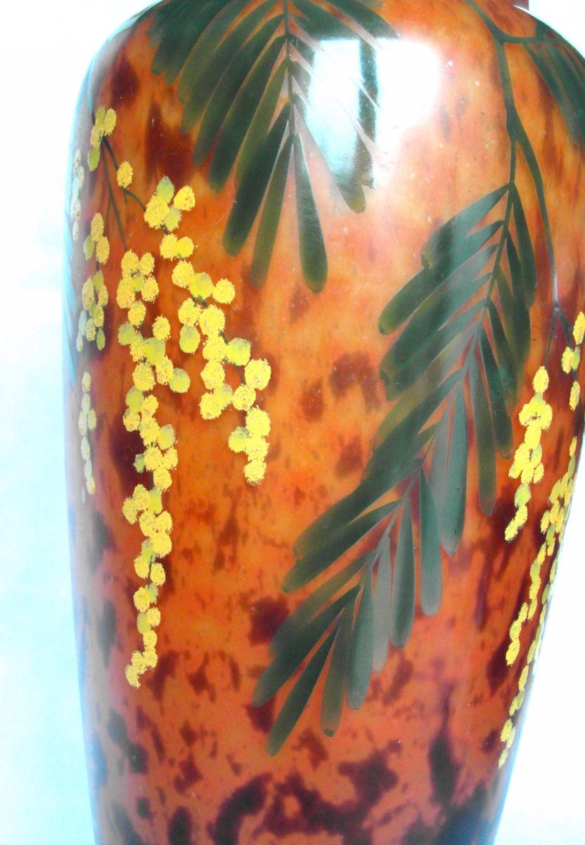 Beautiful Large Daum Vase With Mimosas, Belle Etoile Glassware, Perfect, Era Galle Art-deco Galle 1920-photo-1