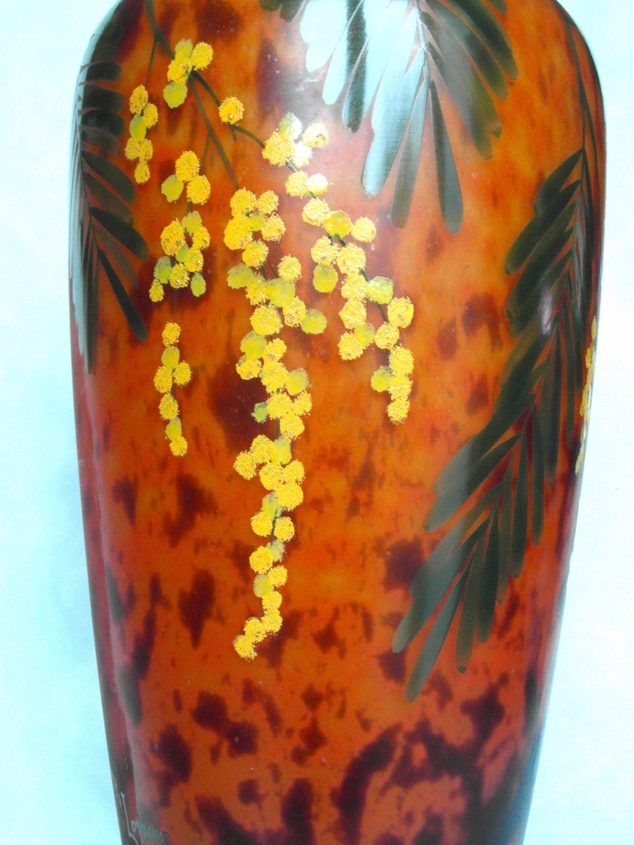 Beautiful Large Daum Vase With Mimosas, Belle Etoile Glassware, Perfect, Era Galle Art-deco Galle 1920-photo-3