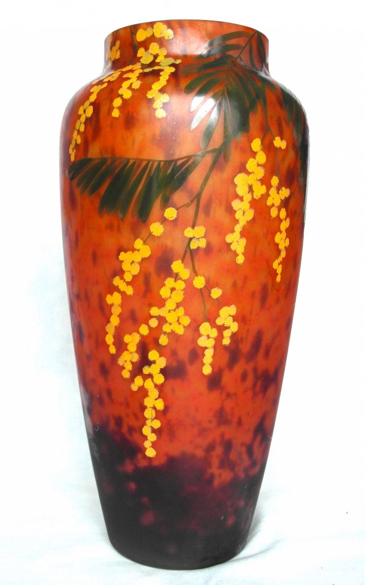Beautiful Large Daum Vase With Mimosas, Belle Etoile Glassware, Perfect, Era Galle Art-deco Galle 1920