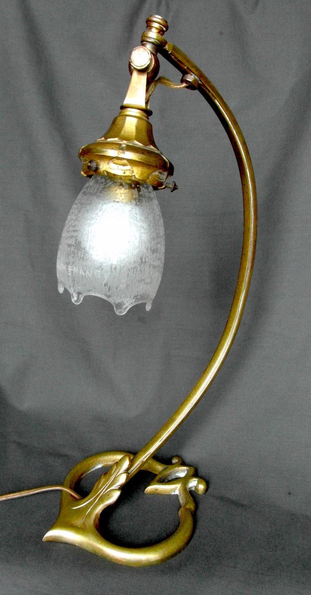 Rare Lampe Avec Tulipe Daum Pincée, Décor "pluie", Pied A. Delafontaine, Era Galle 1900-photo-2