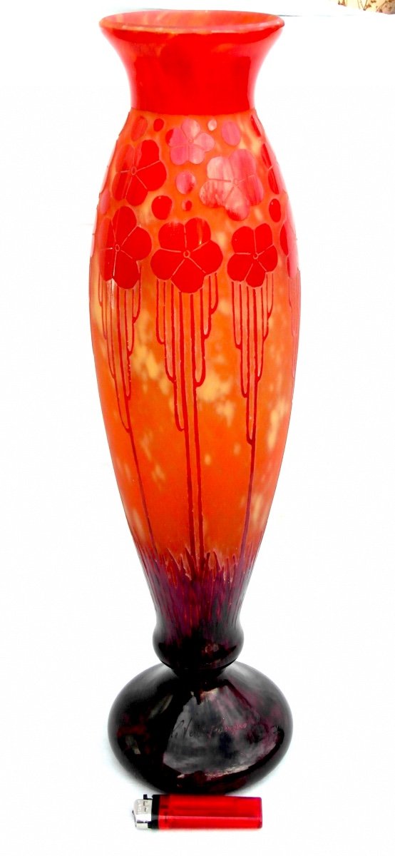 Large Art-deco Vase "cardamines" Schneider - French Glass, 47 Cm, Era Daum Galle 1920-photo-2