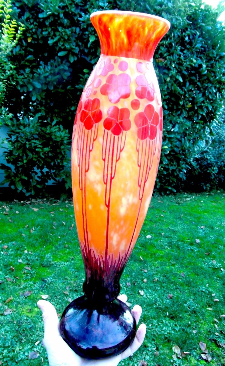 Large Art-deco Vase "cardamines" Schneider - French Glass, 47 Cm, Era Daum Galle 1920