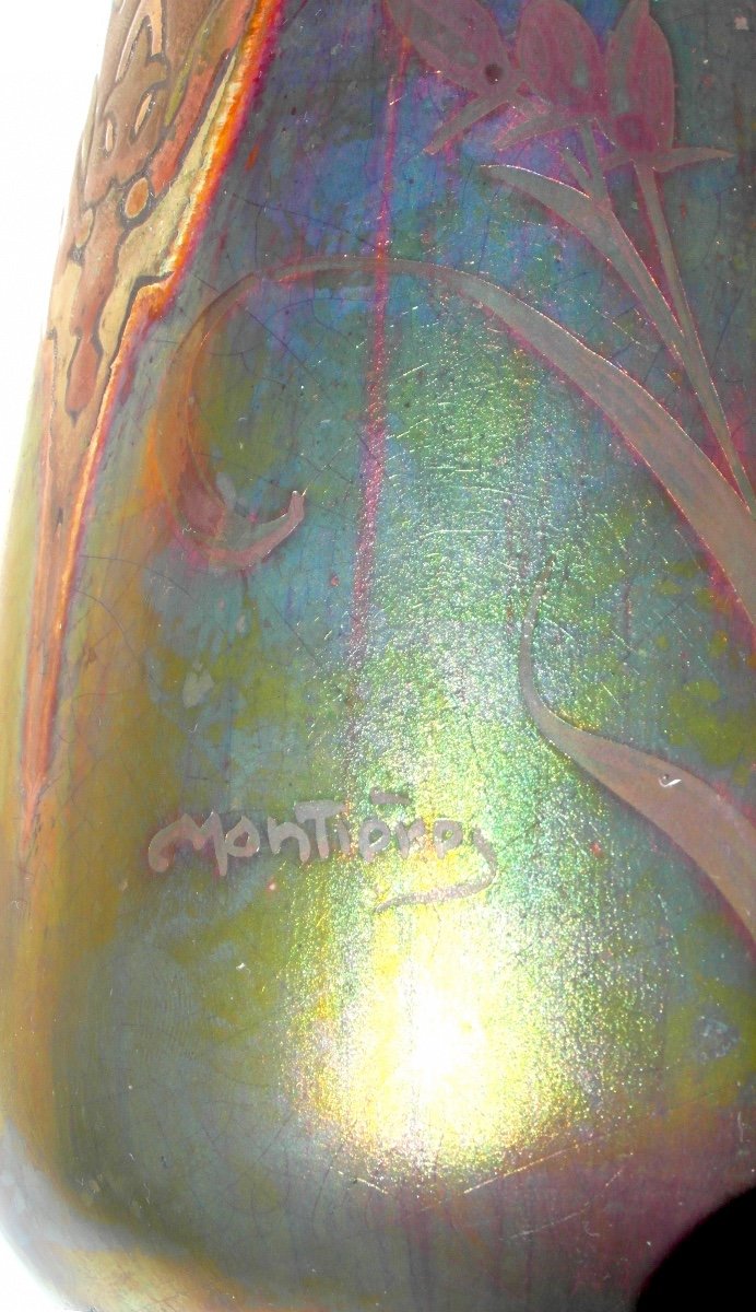 Beautiful Carnation Vase In Iridescent And Enameled Ceramic By Montières, Era Massier 1920-photo-4