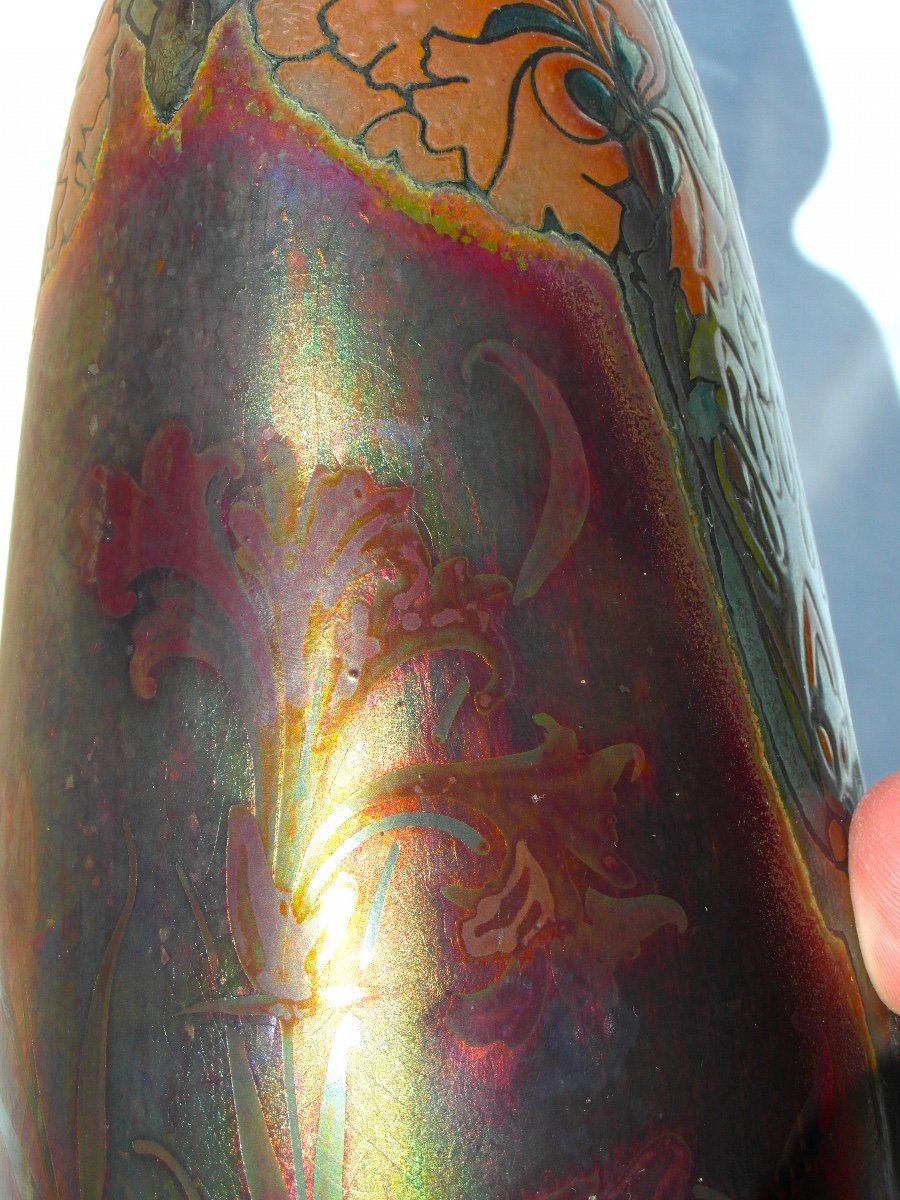 Beautiful Carnation Vase In Iridescent And Enameled Ceramic By Montières, Era Massier 1920-photo-4