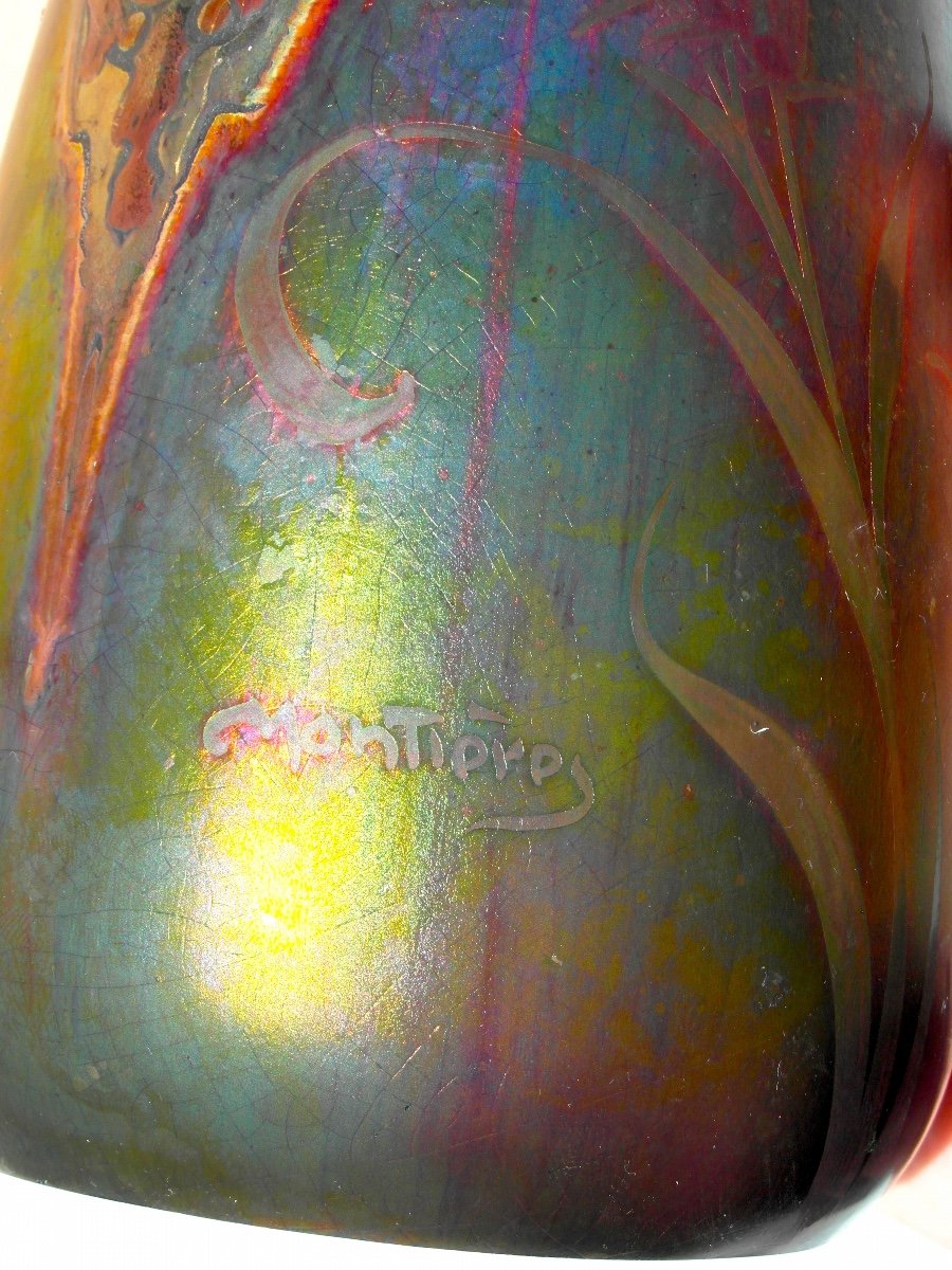 Beautiful Carnation Vase In Iridescent And Enameled Ceramic By Montières, Era Massier 1920-photo-8