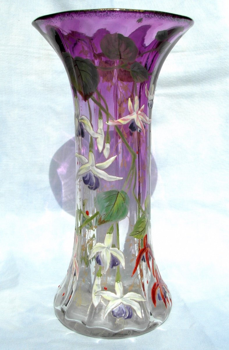 Beau Vase 1900, rare décor De Fuchsias Par Legras, Parfait, Era Daum Galle-photo-2
