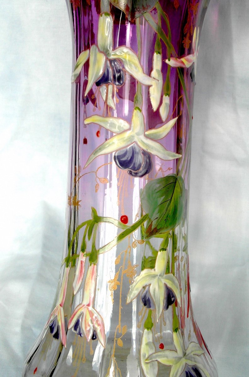 Beau Vase 1900, rare décor De Fuchsias Par Legras, Parfait, Era Daum Galle-photo-4