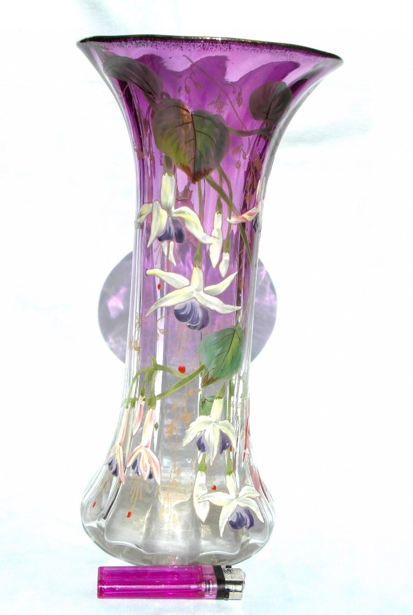 Beau Vase 1900, rare décor De Fuchsias Par Legras, Parfait, Era Daum Galle-photo-1