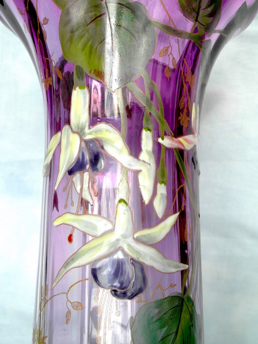 Beau Vase 1900, rare décor De Fuchsias Par Legras, Parfait, Era Daum Galle-photo-2