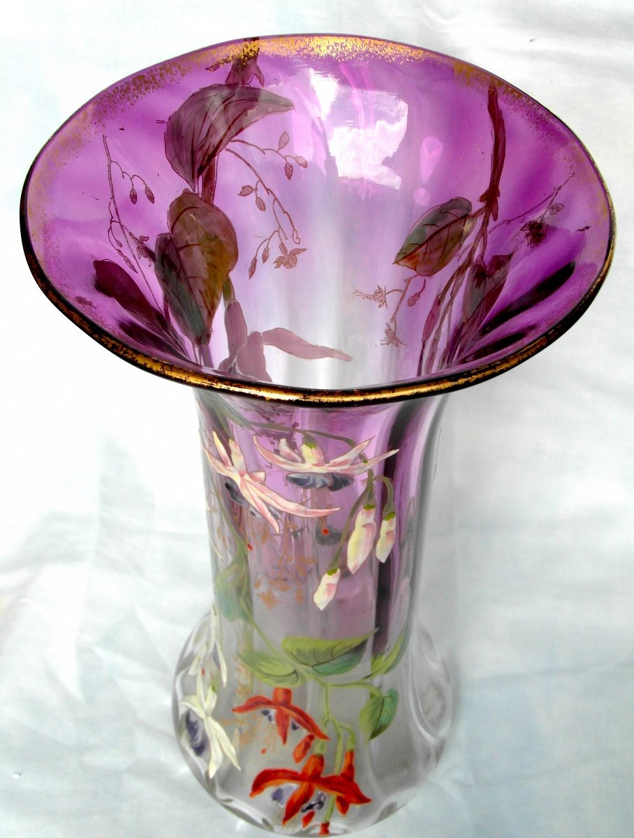 Beau Vase 1900, rare décor De Fuchsias Par Legras, Parfait, Era Daum Galle-photo-3